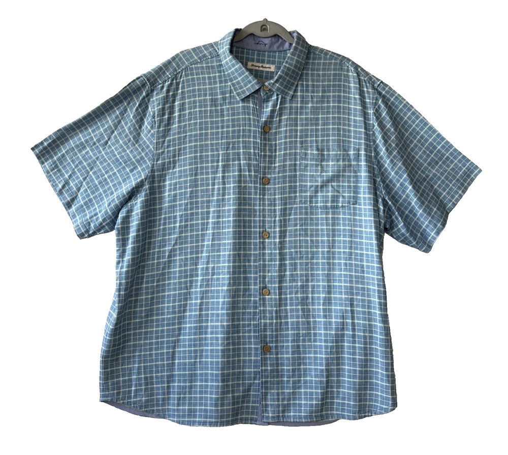 Tommy Bahama Mens XXL Blue 100% Silk Gridded Plaid Button Up Short Sleeve Shirt